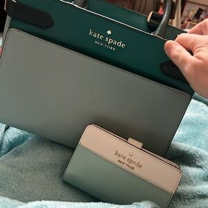 Kate Spade Green and White Color-Block Handbag and Matching Wallet